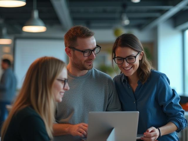 Small team discussing creative ideas in a modern office space.
