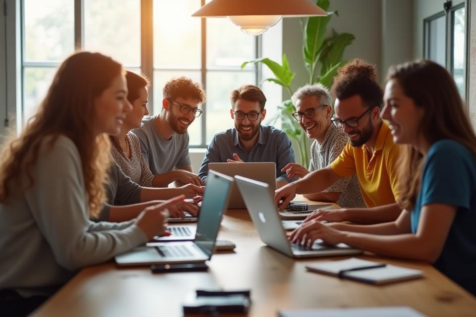 Diverse group of people collaborating on video content creation, smiling and engaged.
