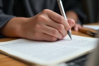 Person writing a script with a pen.