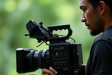 Person filming with a professional camera.